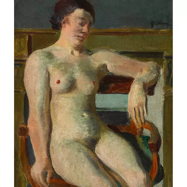 "Nu assis devant cheminée"