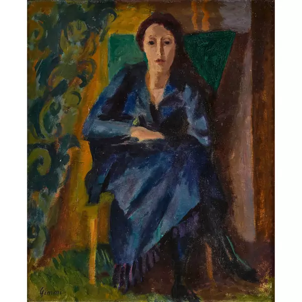 "Femme au fauteuil en robe bleue"