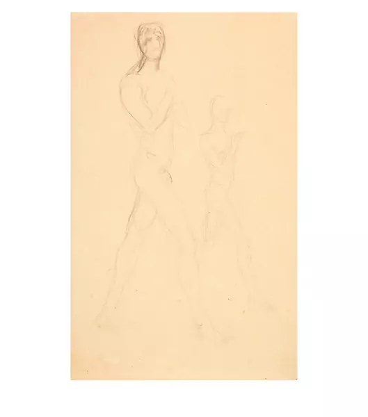 Wilhelm Lehmbruck — Zwei schreitende männliche Akte (recto) - Studie eines männlichen Aktes von vorn (verso) — Galerie Kornfeld