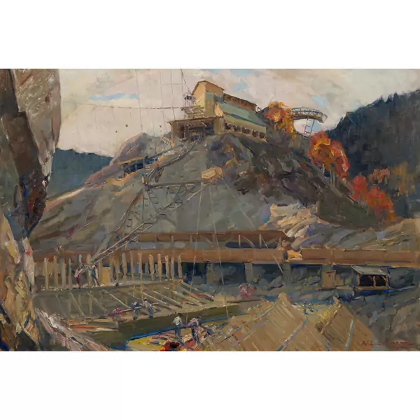 Bau der Staumauer Schräh im Wägital