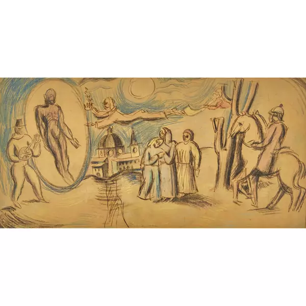 Komposition mit Figuren und Kirche