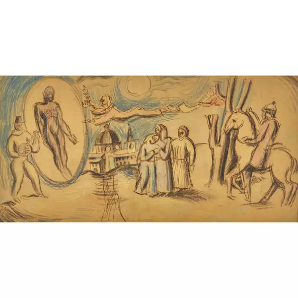 Komposition mit Figuren und Kirche