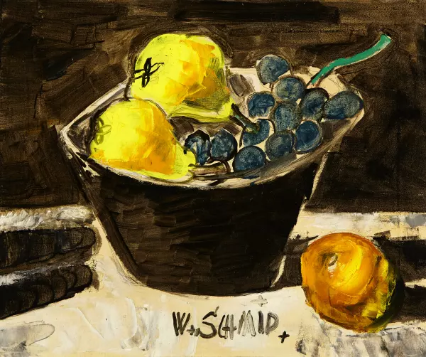 Stillleben mit blauen Trauben und gelben Birnen in schwarzer Schüssel