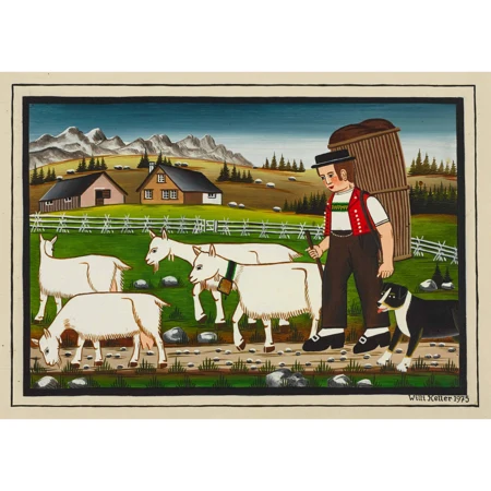 Appenzeller mit Rückentragkorb, Ziegen und Hund