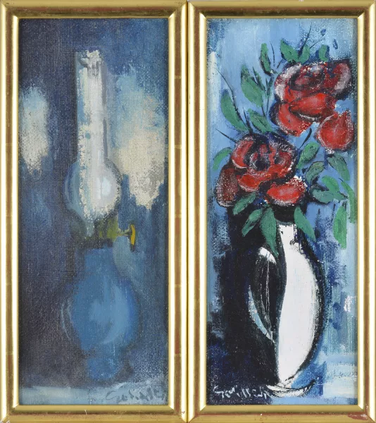 William Goliasch — Bouquet de roses et lampe à pétrole