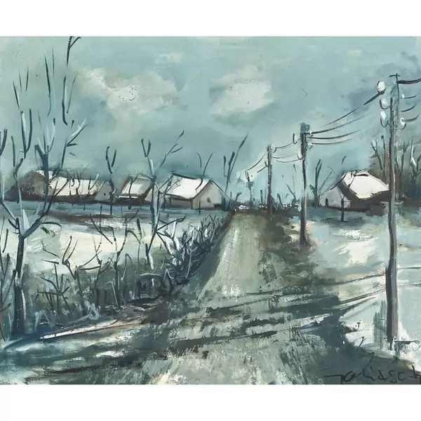 Winterliche Landstrasse mit Dorf