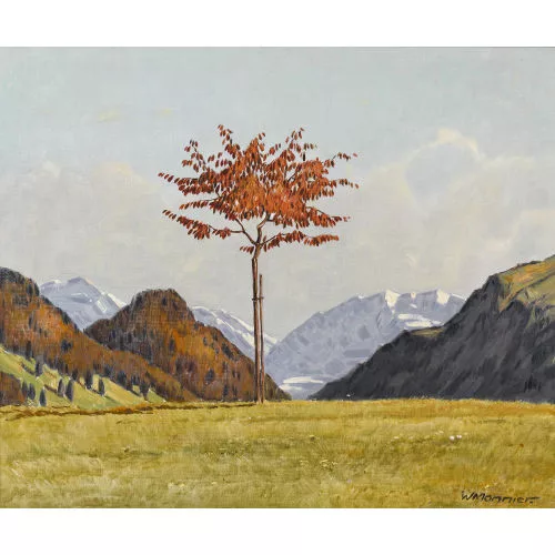 Willy Monnier — Sonnige Herbstlandschaft mit jungem Bäumchen.