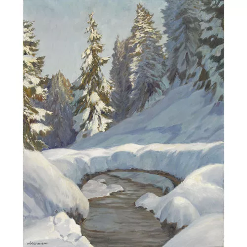 Willy Monnier — Sonnige Winterlandschaft mit Bergbach.