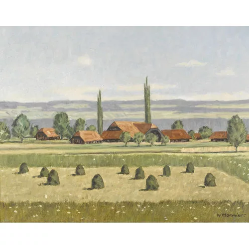 Willy Monnier — Sommerliche Landschaftspartie mit Berner Bauernhäusern.