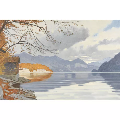 Willy Monnier — Herbstliche Uferpartie am Brienzersee mit Häuschen.