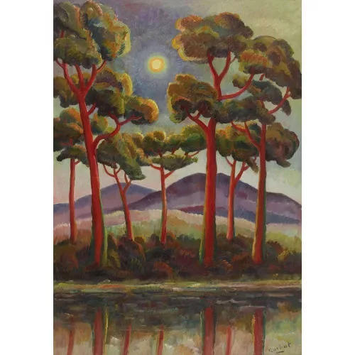 Willy Rochat — Les pins parasols au coucher de soleil.