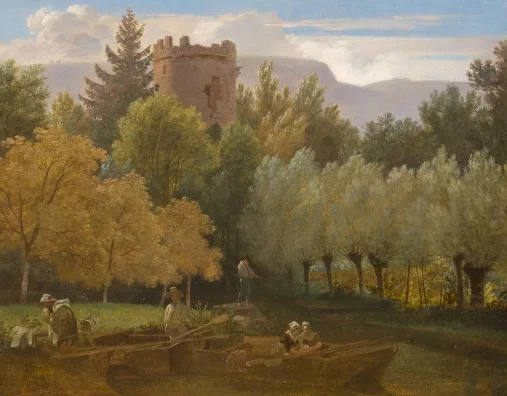 Wolfgang Adam Töpffer — Paysage boisé avec cours d'eau, tour et personnages autour de barques, um 1828