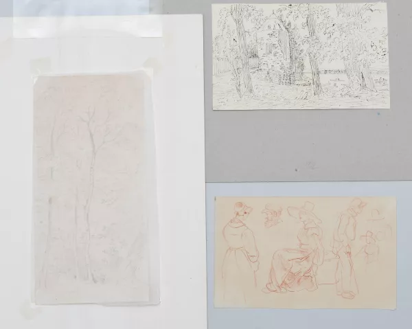 Wolfgang Adam Töpffer — zugeschrieben Drei Skizzen: Uferlandschaft / Baumstudie / Studien einer Bäuerin und eines Bauern (recto und verso)