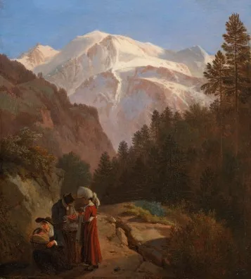 Wolfgang Adam Töpffer — Le Mont-Blanc au soleil couchant avec quatre paysans sur un chemin au premier plan, 1819