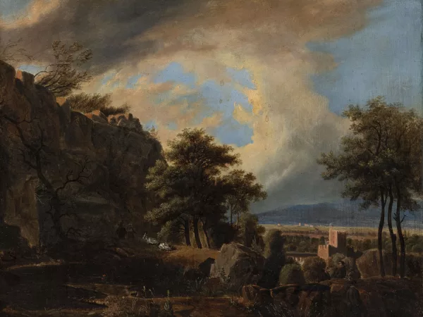 Wolfgang Adam Töpffer — "Paysage avec étang devant une falaise et château dans le fond"