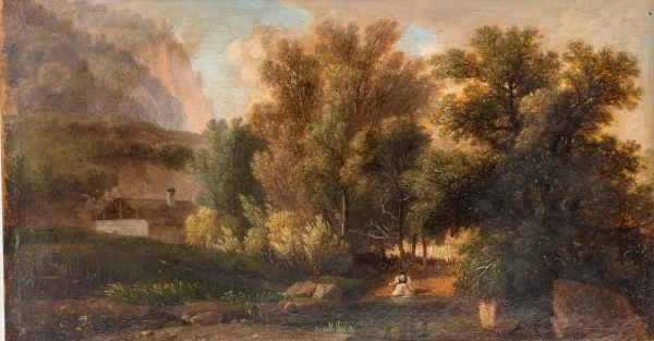 Wolfgang Adam Töpffer — Paysage boisé avec ferme et femme accroupie aux bords d'un étang