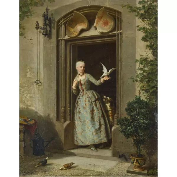 Elegante Dame mit weisser Taube auf der Hand