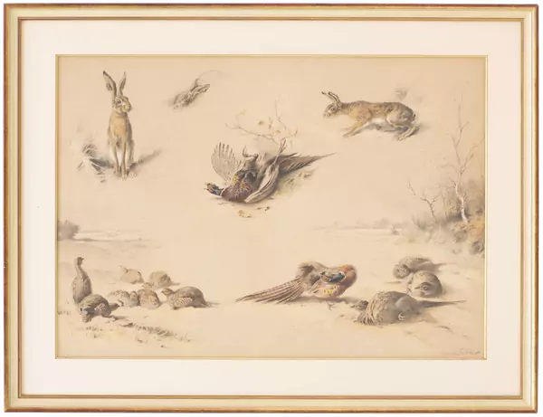 Xavier de PORET (1894 - 1975), "Etude de lièvres et faisans", dessin — DognyAuction