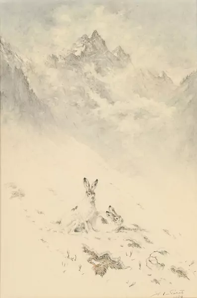 Xavier de Poret — Lièvres dans un paysage alpestre, 1934, pierre noire, estompe et aquarelle sur papier, signée et datée, 55x36 cm (à vue) Provenance: acquis directement auprès de l'artiste, puis resté dans la famille jusqu'à ce jour