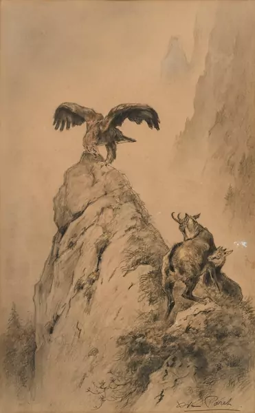 Xavier de Poret — Aigle aux ailes déployées sur un piton rocheux, surplombant un chamois et son cabri sur une vire, pierre noire et aquarelle sur papier, signée, 36,5x22,5 cm (à vue) Provenance: acquis directement auprès de l'artiste, puis resté dans la famille jusqu'à ce jour
