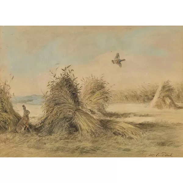 Herbstliches Feld mit Hase und Ente