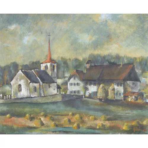 Yoki — Landschaft mit Kirche und Häusern.