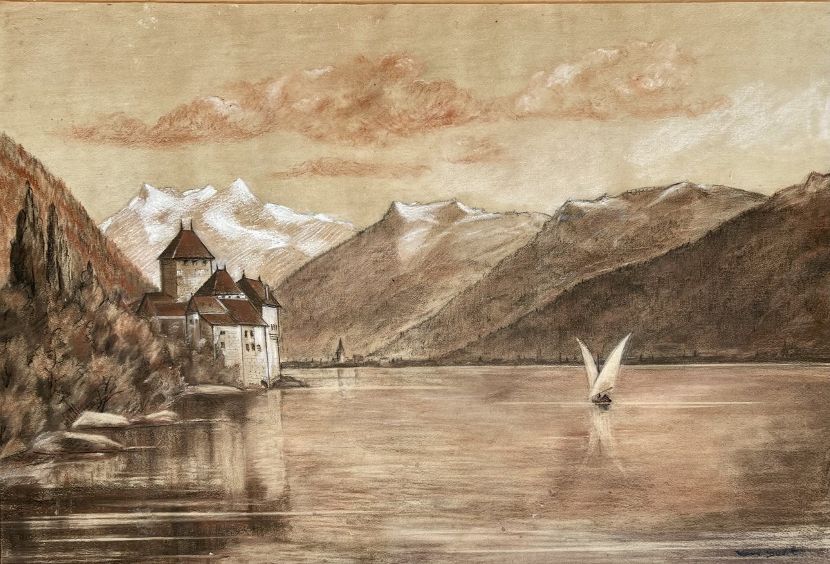 Château de Chillon au bord du Léman — grand tableau – Artiste non identifié