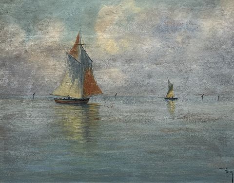Voiliers dans la lagune – Luigi Pagan – Huile – 51 × 59,5 cm