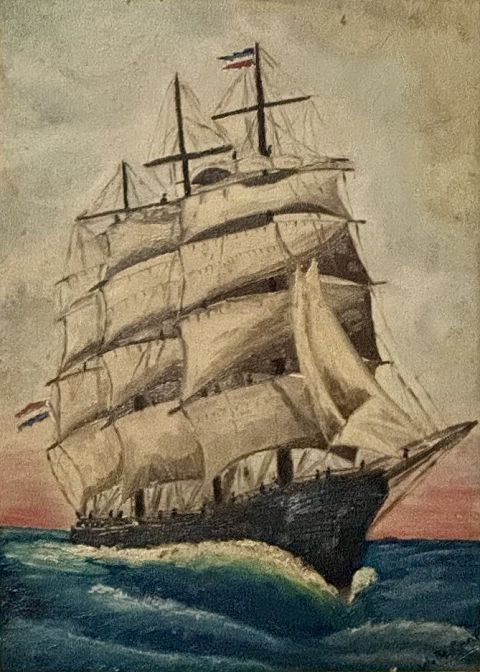 Grand voilier dans la houle – W. De Conti – Huile – 54 × 42 cm