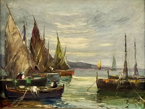 Les voiliers des pêcheurs – R. Piuk – Huile – 42 × 50 cm